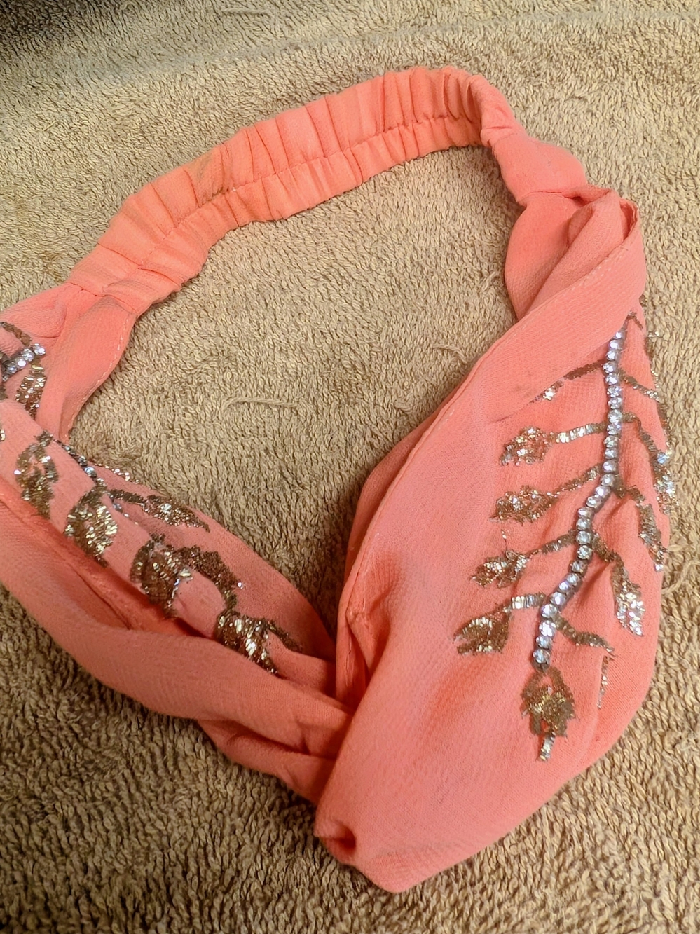 Embellished Coral Headband with Gold Leaf and Rhinestone Detail